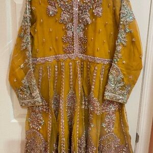 Pakistani Indian Fancy mustard embellishments weeding, party wear  dress